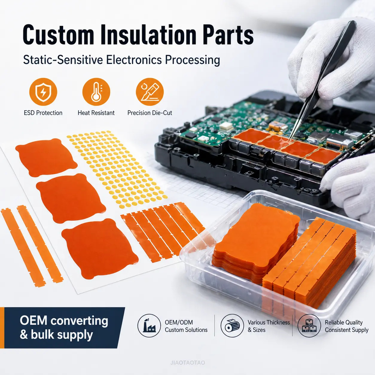 Die cut ESD polyimide tape for custom shapes, static control, and electronics insulation.
